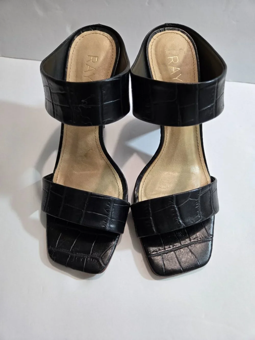 RAYE Black Gaze Croc-Embossed Double Strap Square Toe Slide Heels Size 8